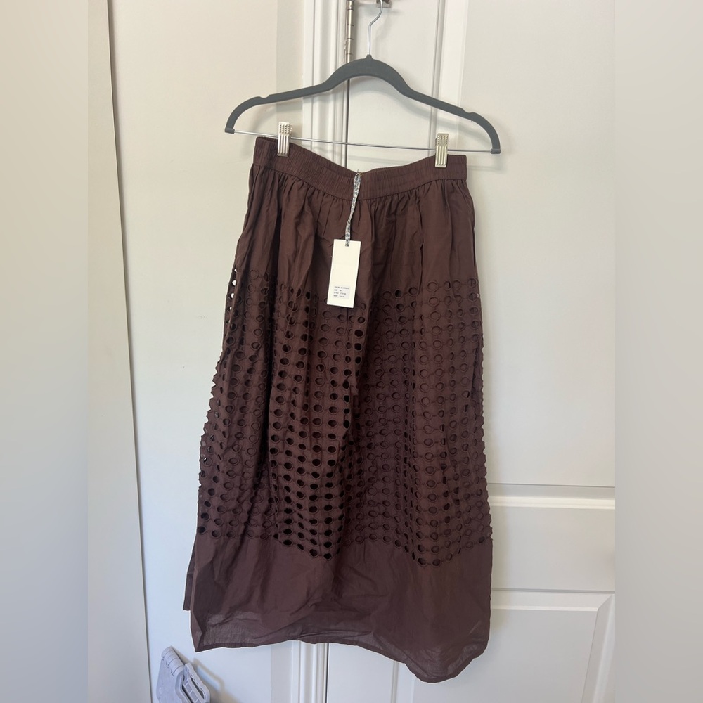 Brown Eyelet Midi Skirt with Elastic Waist